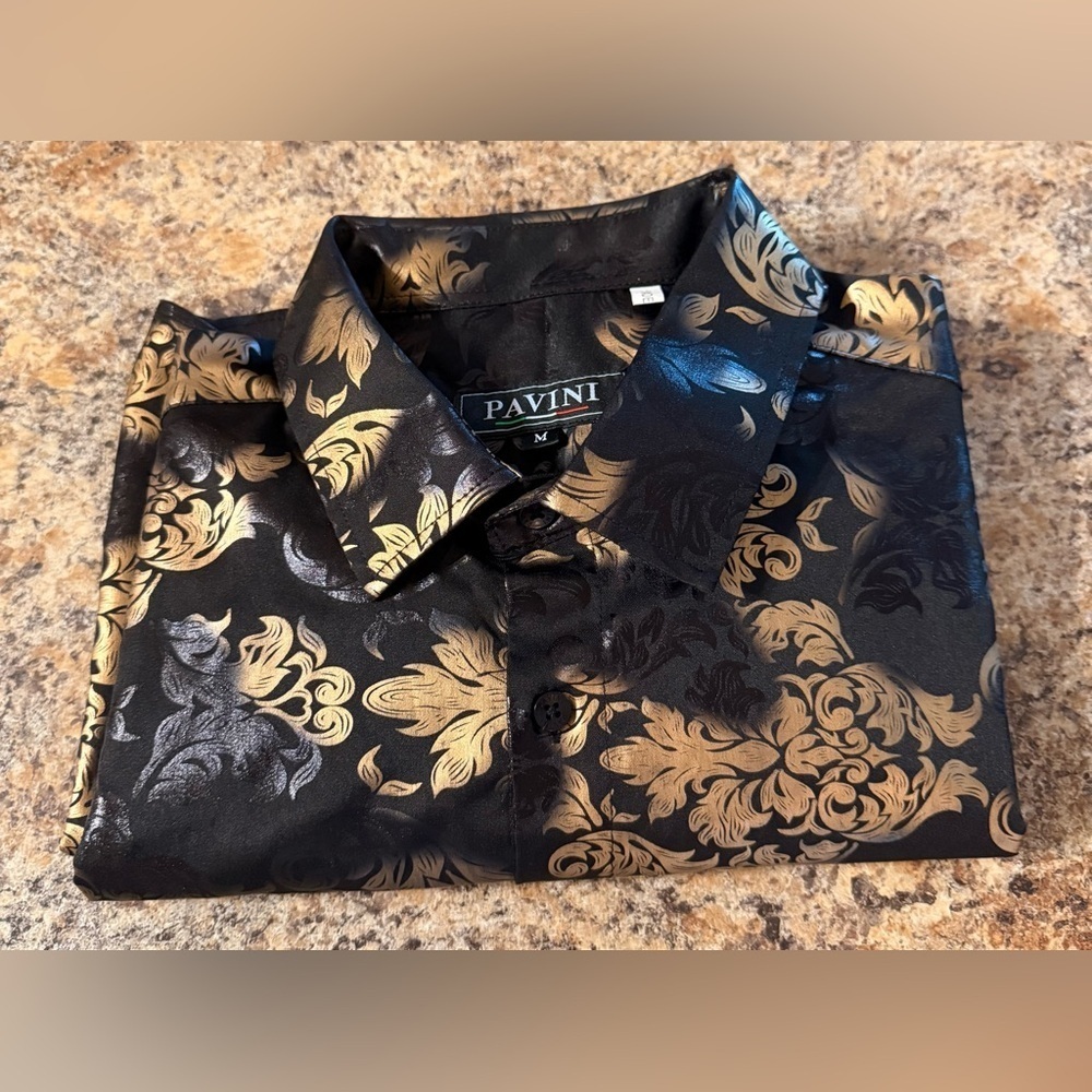 Pavini Mens Size Medium Button Up Casual Dress Shirt Black And Golden Paisley - Picture 10 of 13
